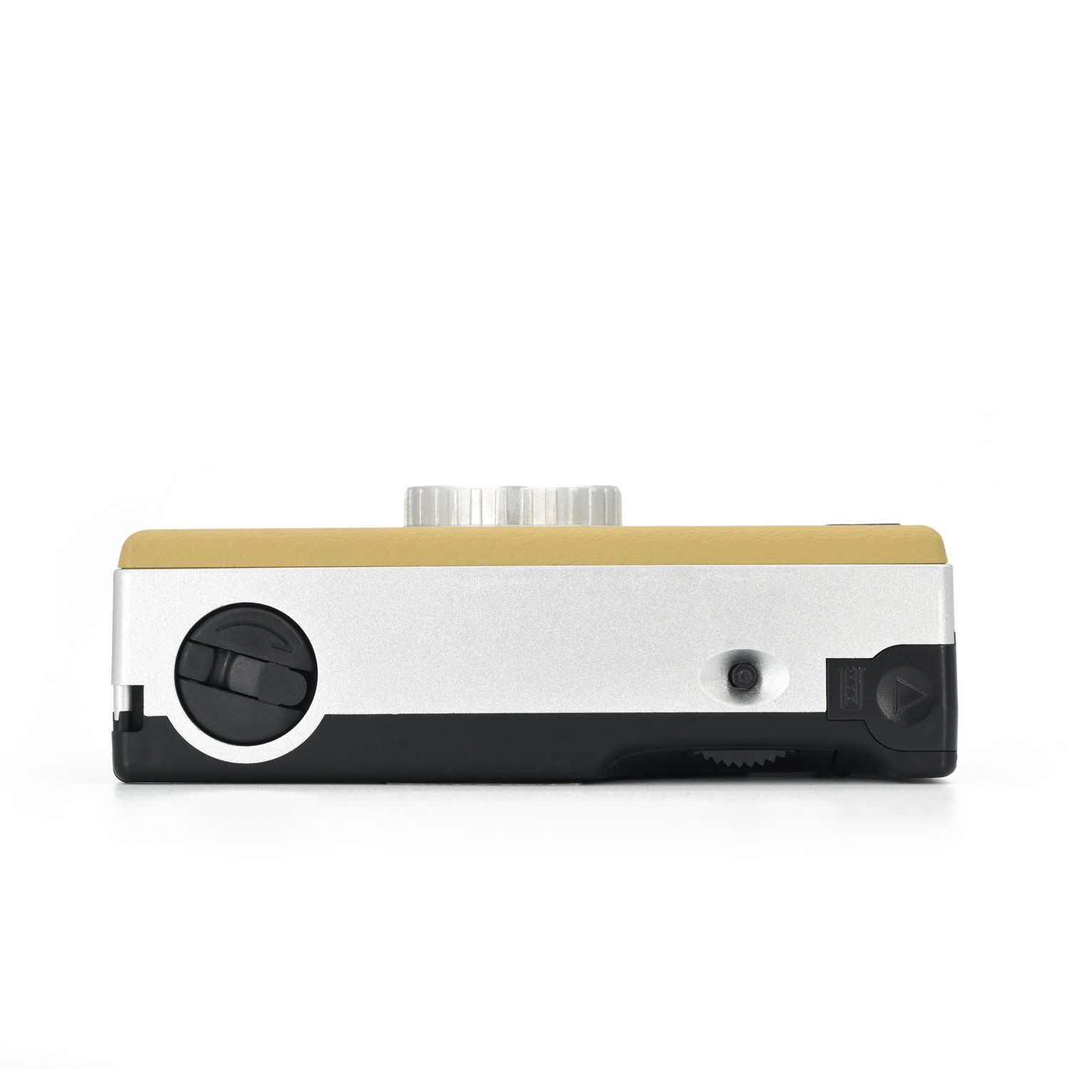 Top view of a vintage camera, gold top, silver middle, and black base.