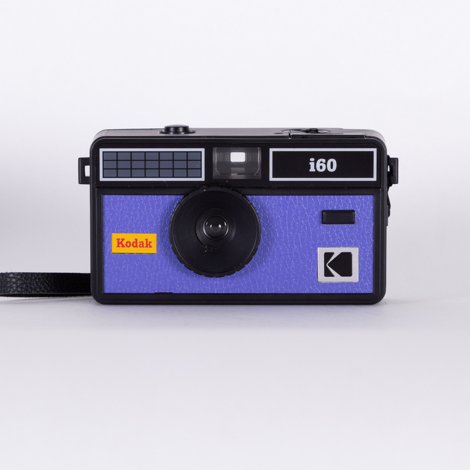 Kodak i60 camera, black and purple.  Black strap, black lens, and the Kodak logo.