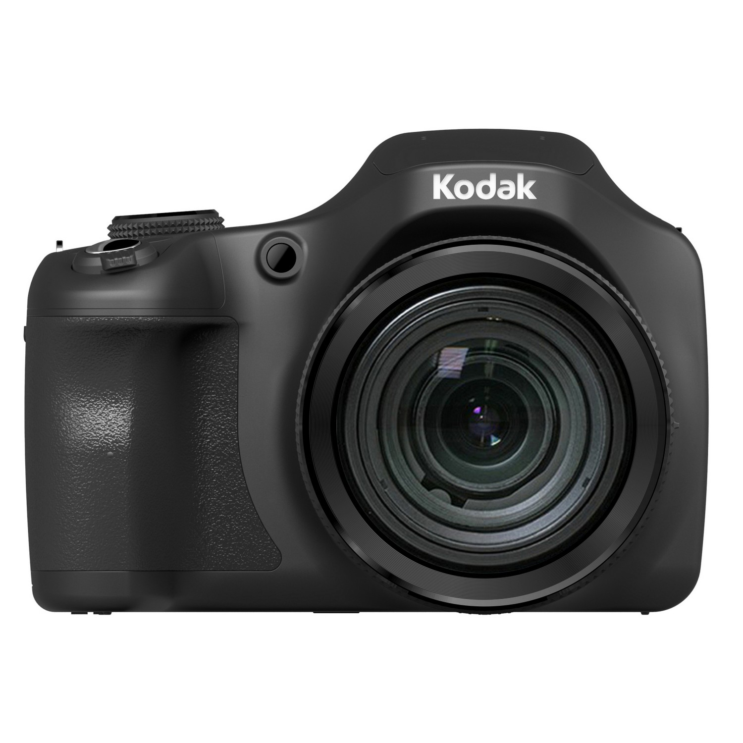 Un appareil photo Kodak noir avec un objectif, le mot Kodak en haut, isolé sur blanc.