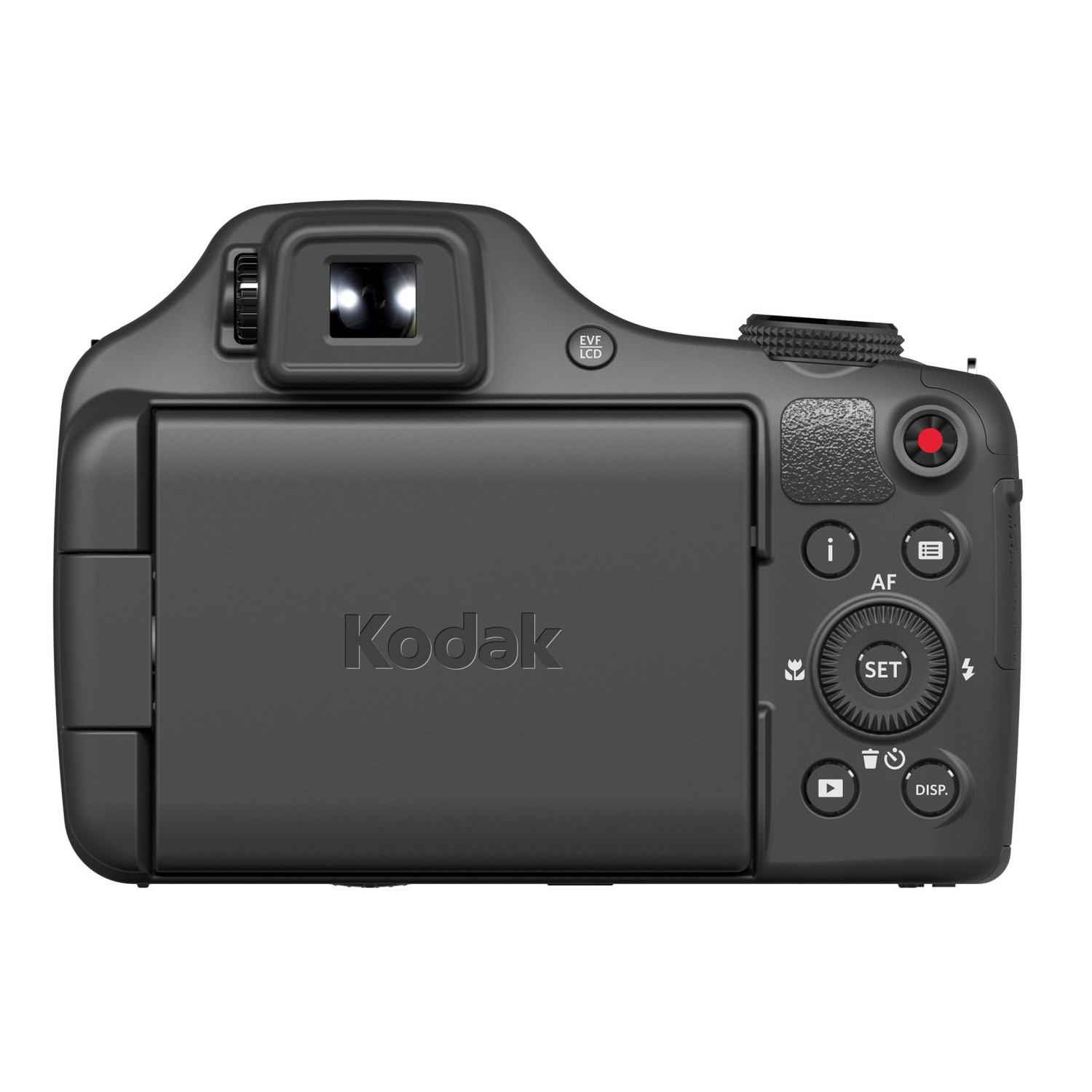 Appareil photo Kodak noir. Arrière avec boutons, écran LCD et logo Kodak.