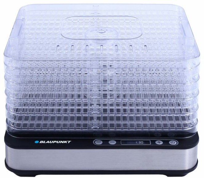 Blaupunkt dehydrator do żywności. Przezroczyste plastikowe tace ułożone na srebrnej podstawie. Wyświetlacz cyfrowy, przyciski.