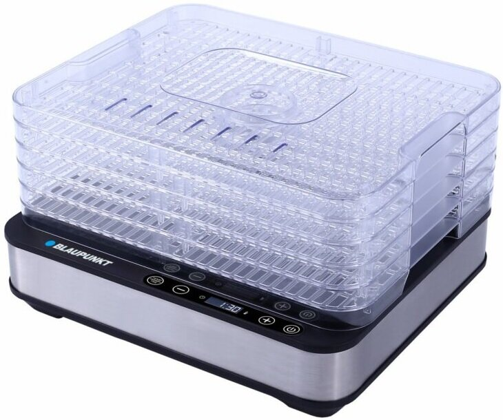 Wielopoziomowa suszarka do żywności z wyświetlaczem cyfrowym i przyciskami sterowania.