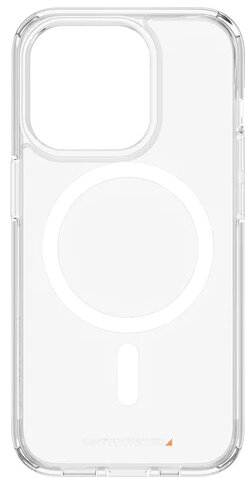 Przezroczyste etui na telefon z okręgiem MagSafe i wycięciem na port ładowania. Etui jest przezroczyste.