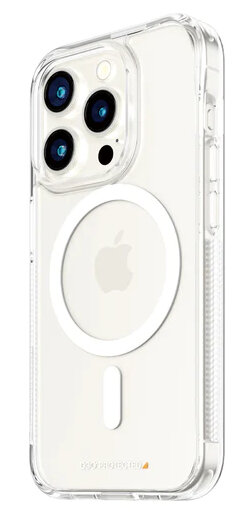 Przezroczyste etui na iPhone z logo Apple i białym pierścieniem MagSafe na białym tle.