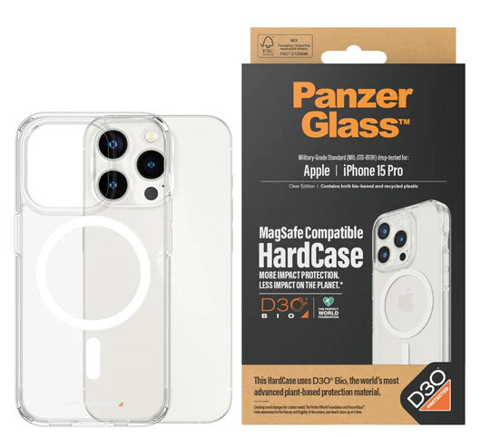 Etui na iPhone 15 Pro w opakowaniu. Przezroczyste etui, czarno-białe pudełko.