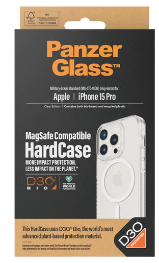 Opakowanie etui iPhone 15 Pro ze szczegółami i przezroczystym etui.