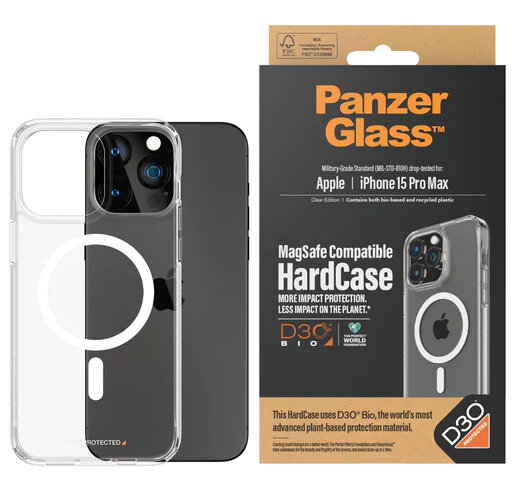 iPhone 15 Pro Max z przezroczystym etui i pudełkiem. Etui i pudełko mają logo 'PanzerGlass'.