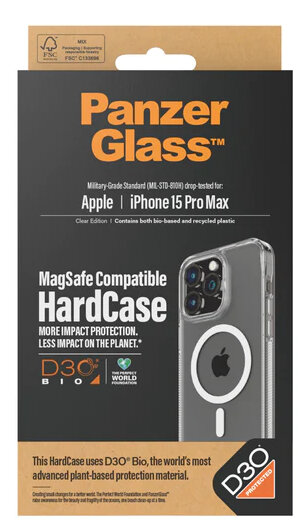 Pudełko PanzerGlass iPhone 15 Pro Max. Widoczny przezroczysty futerał. Ochrona wojskowa.