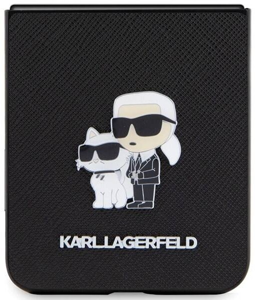 Czarny futerał Karl Lagerfeld z kreskówkowym wizerunkiem Karla i białego kota.