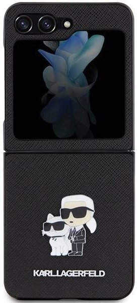 Czarny składany telefon z czarnym etui z kotem i osobą.