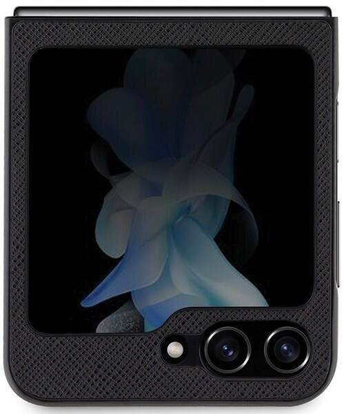 Czarny telefon z ekranem pokazującym niebiesko-biały abstrakcyjny obraz. Telefon ma dwa aparaty.