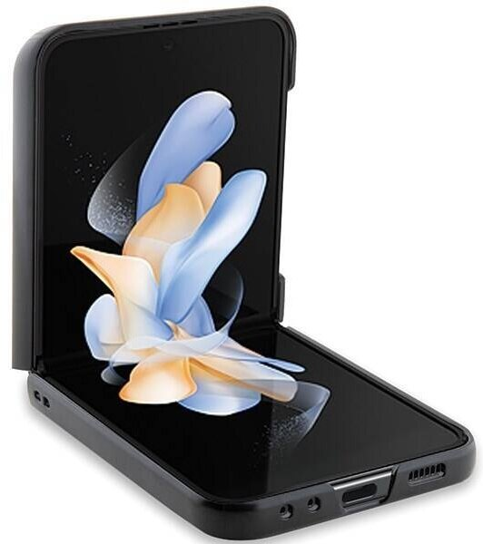 Czarny telefon Samsung Galaxy Z Flip4. Telefon otwarty, pokazuje czarny ekran z kolorowym wzorem.