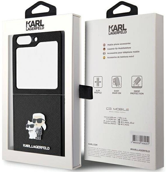 Etui na telefon Karl Lagerfeld w pudełku. Czarne etui z białym kotem i ramką na zdjęcia. Pudełko ma tekst.