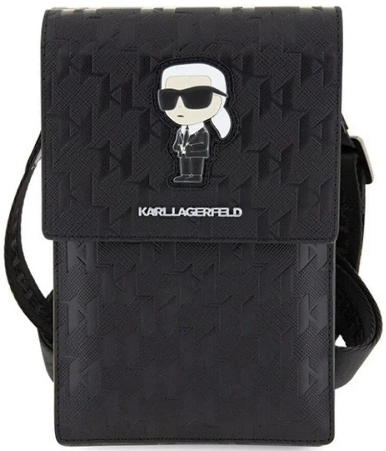 Czarna torba na ramię Karl Lagerfeld z wizerunkiem z kreskówki i wzorem.