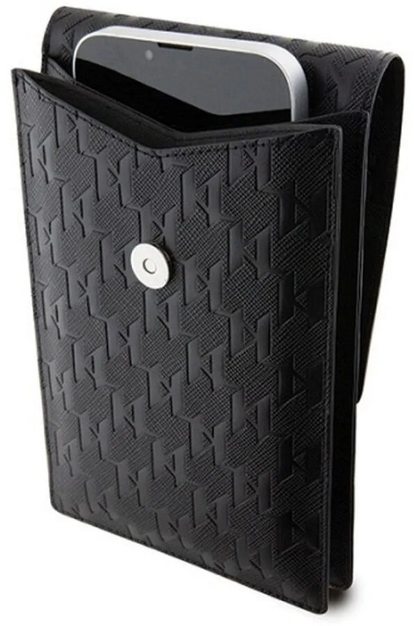 Czarne etui na telefon z wytłoczonym wzorem, otwarte, ukazujące telefon. Srebrne zapięcie.