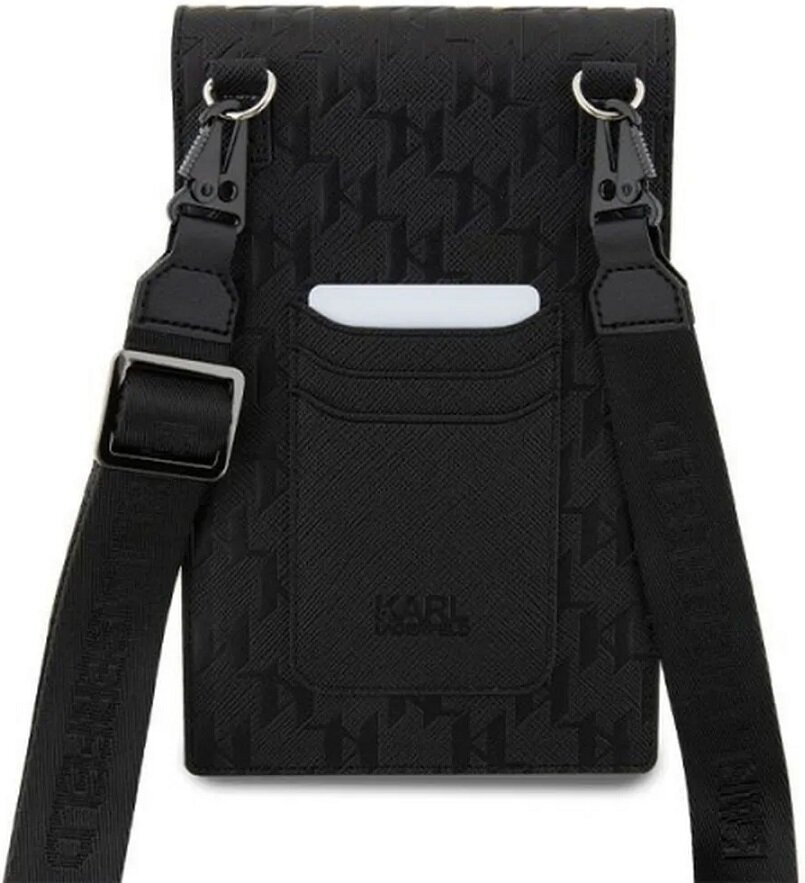 Czarna torba na ramię na telefon z wzorem logo Karla Lagerfelda, paskiem i miejscami na karty.