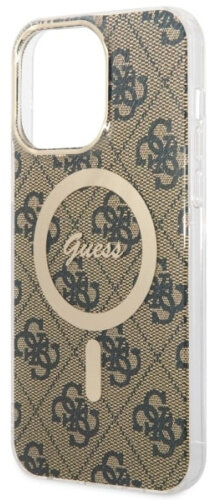 Etui na telefon. Beżowe z ciemnym wzorem i okręgiem do ładowania bezprzewodowego. Logo Guess pośrodku.