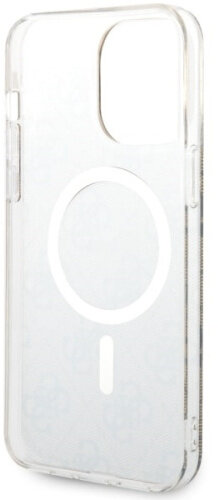 Przezroczyste etui z białym okręgiem i kreską. Pokazuje tył telefonu.