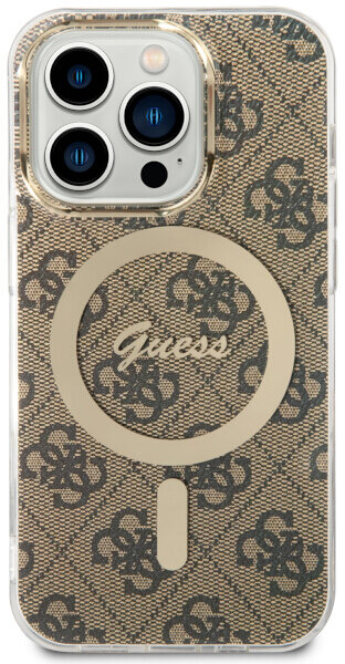 Etui na telefon z wzorem Guess. Widoczny tył telefonu. Złoty pierścień wokół aparatu.