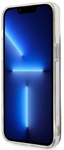 Zbliżenie telefonu w etui, niebieskie smugi światła na ekranie.