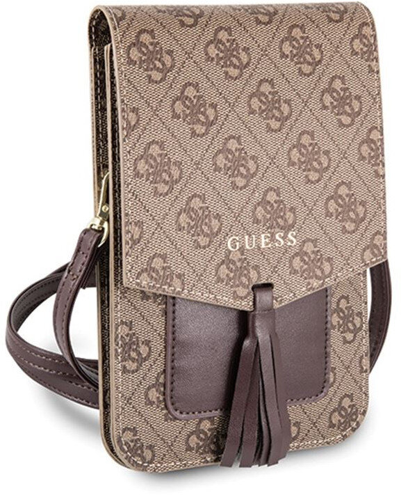 Brązowa torebka GUESS na ramię z wzorem i frędzlami.