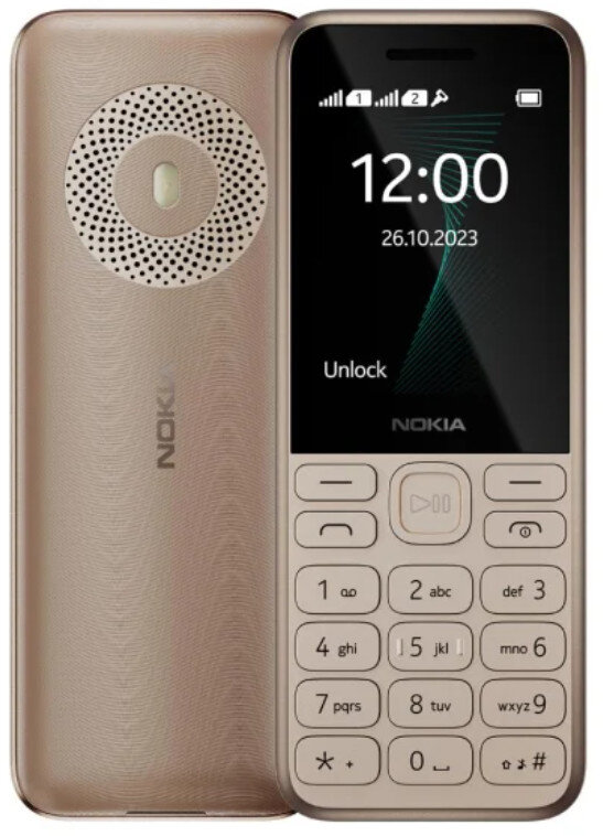 Złoty telefon Nokia z ekranem wyświetlającym godzinę i datę. Telefon leży na białej powierzchni.