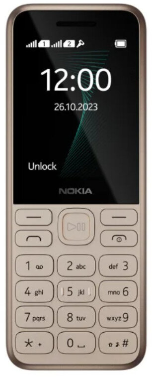 Beżowy telefon Nokia wyświetlający godzinę i datę. Telefon ma klawiaturę.