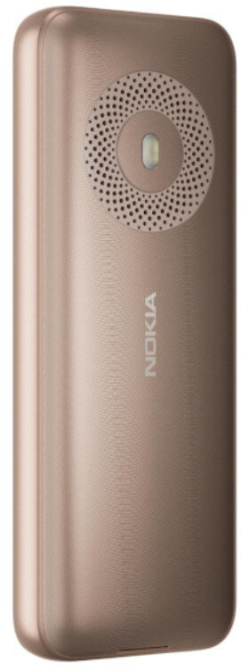 Telefon Nokia w kolorze różowego złota, widok pionowy. Telefon ma głośnik i lampę błyskową.