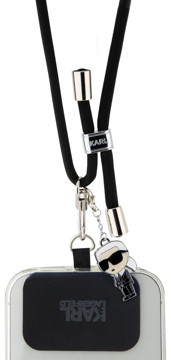 Czarna smycz ze srebrnym zapięciem, metalowym logo i etui na telefon.