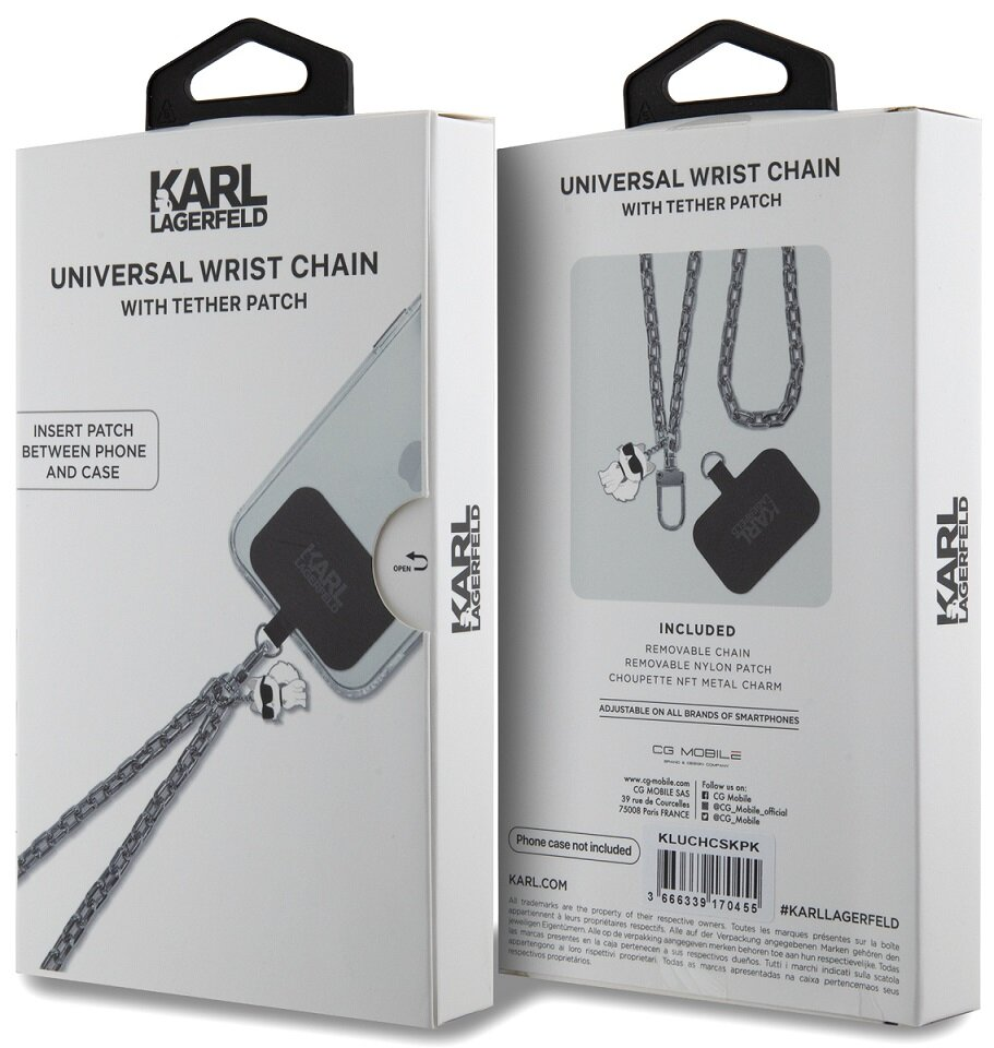 Białe pudełko z etui na telefon i łańcuszkiem, z tekstem na nim.