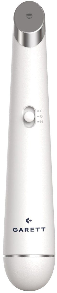 Białe urządzenie kosmetyczne Garett ze srebrną górą, przyciskiem i niebieskim logo.