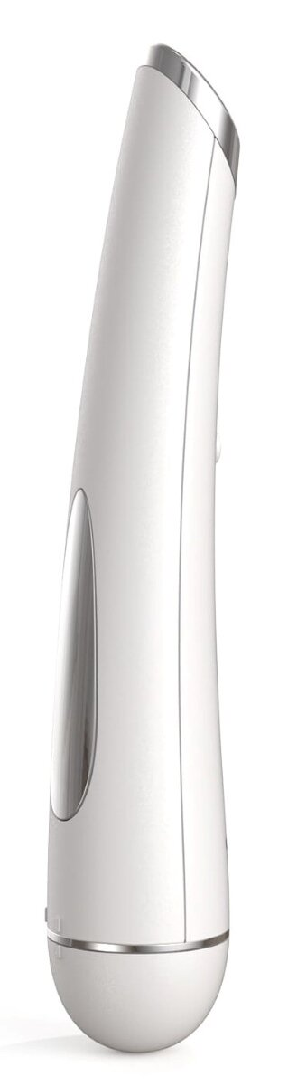 Białe, zakrzywione urządzenie kosmetyczne. Srebrne akcenty. Elegancki, nowoczesny design.