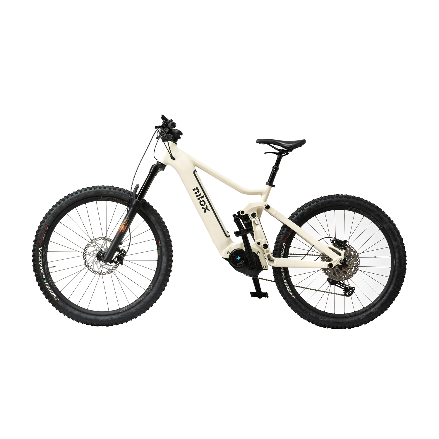 Mountain bike: Telaio crema, pneumatici neri, forcella ammortizzata e sfondo bianco.