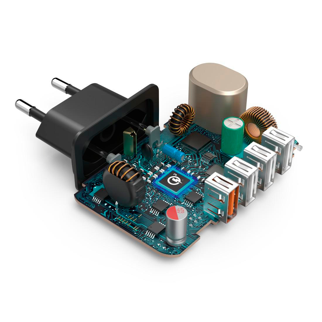 Elektronisches Gerät mit blauer Leiterplatte, mehreren Anschlüssen und schwarzem Stecker.