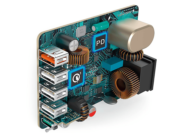 HAMA 5 Ports, 1x USB-A QC 3.0, 3x USB-A, USB-C PD Schnellladegerät Universal, 3.6-12 Volt 51 Watt, Schwarz