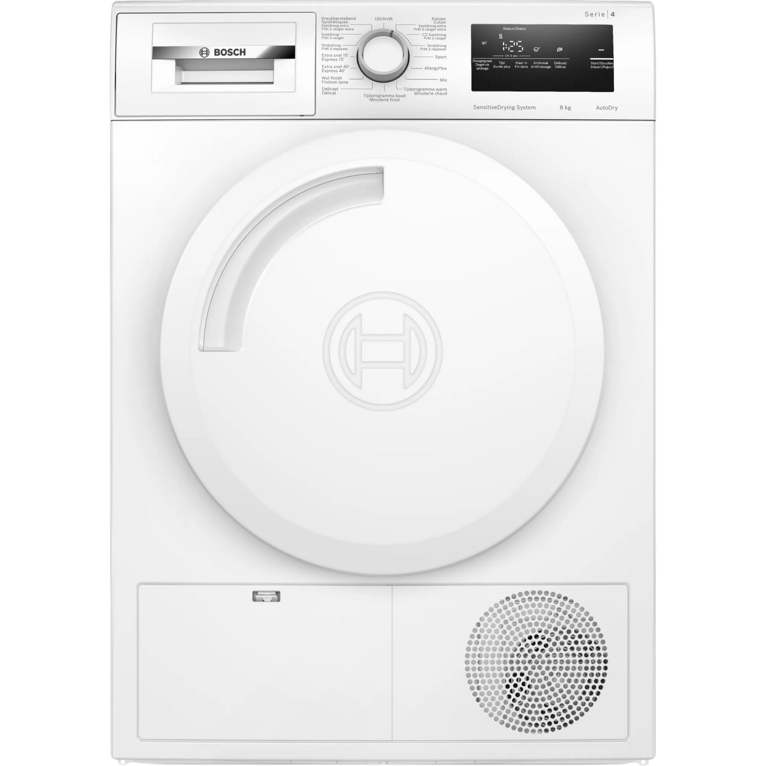 Sèche-linge Bosch Série 4 blanc. Vue de face, avec commandes et écran visibles.