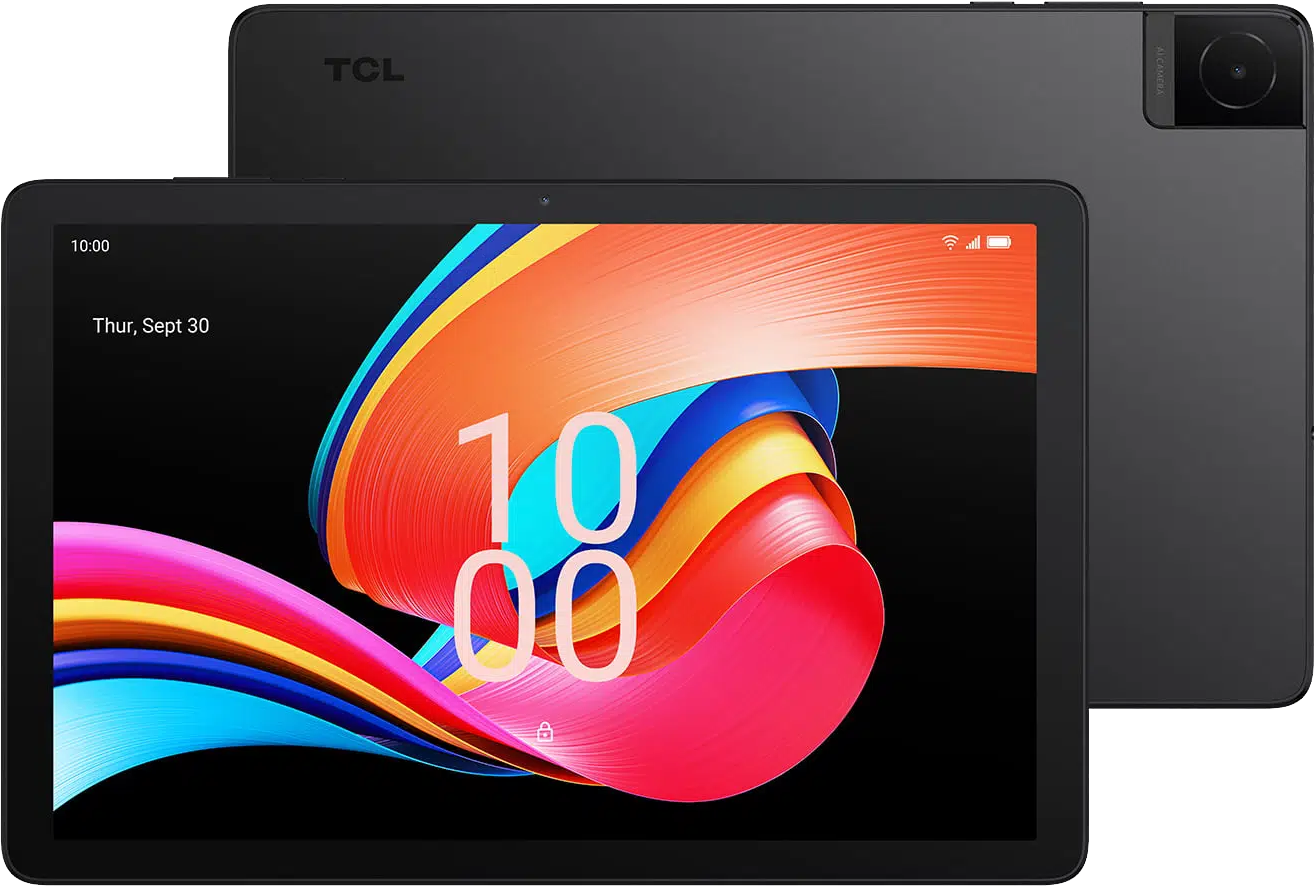 Két fekete tablet. Az egyik élénk absztrakt dizájnt és a 10:00-t mutatja.