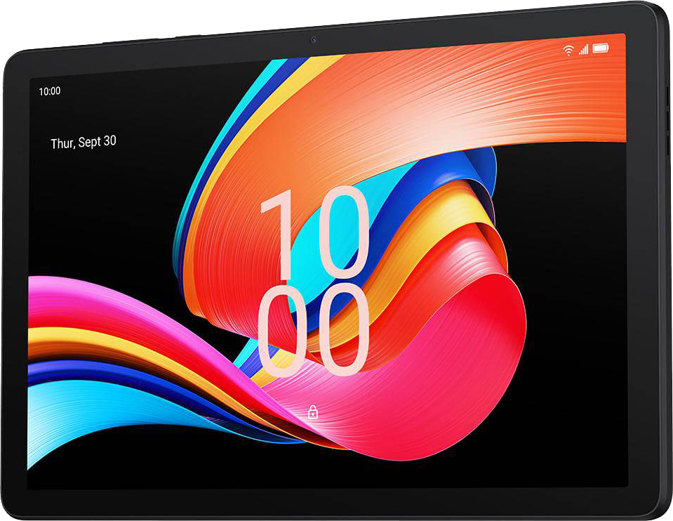 Tablet színes absztrakt kijelzővel, amely az időt mutatja.