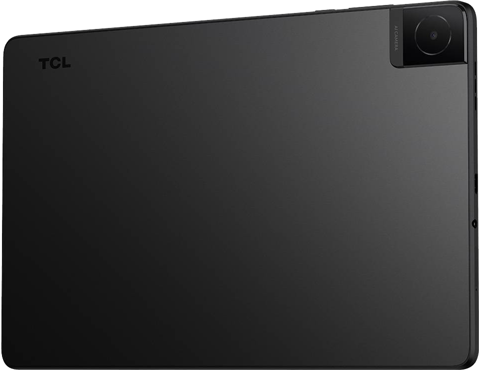 Fekete tablet hátulja kamerával. TCL logó, és kamera felirat. Fekete háttér.