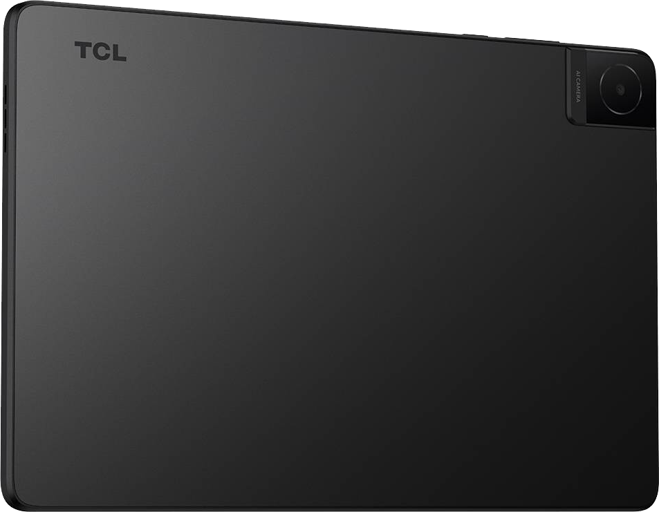 Fekete TCL tablet, hátulról, a TCL logóval és kameramodullal. A háttér egyszerű.