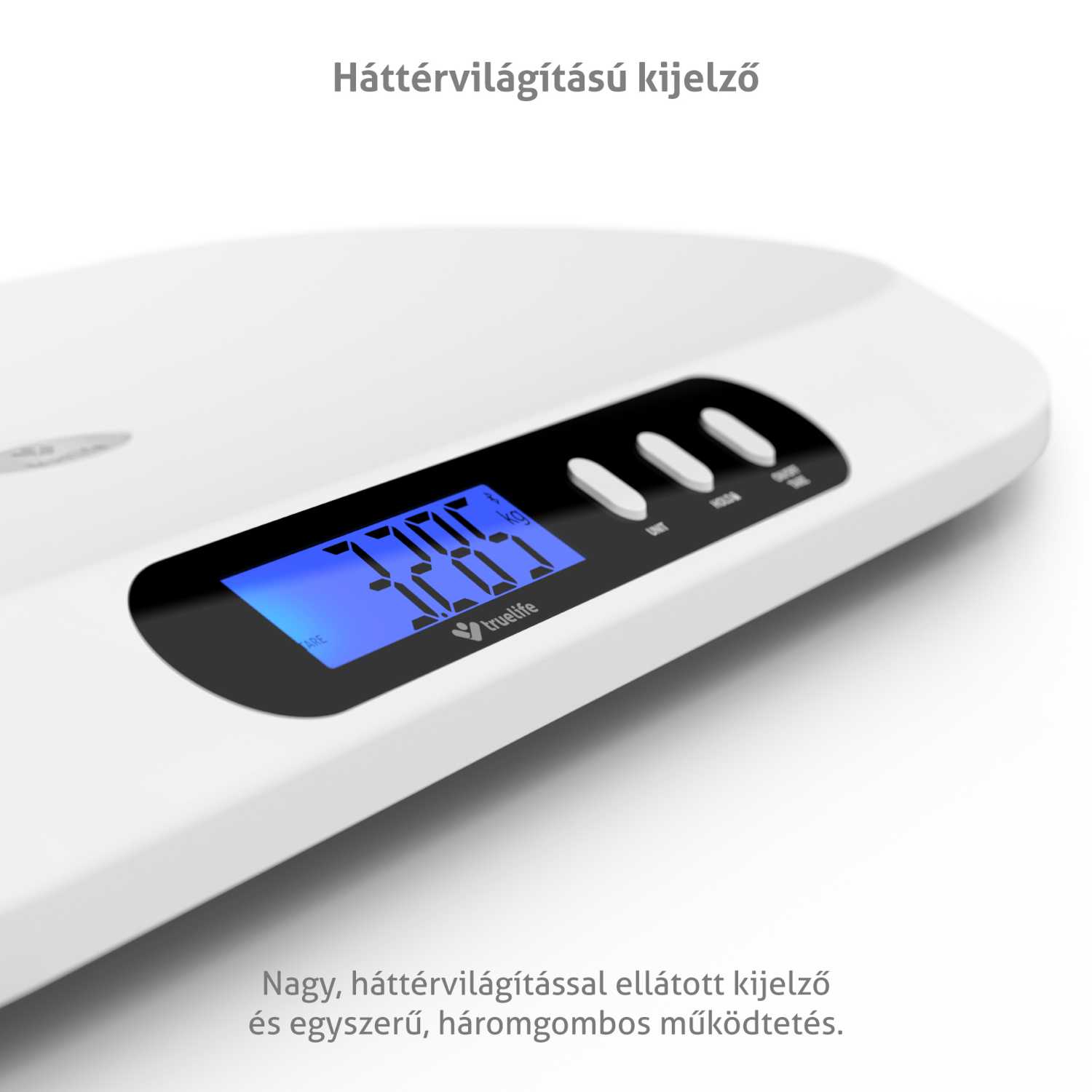 Közelkép egy digitális mérleg kijelzőjéről kék megvilágítású képernyővel.