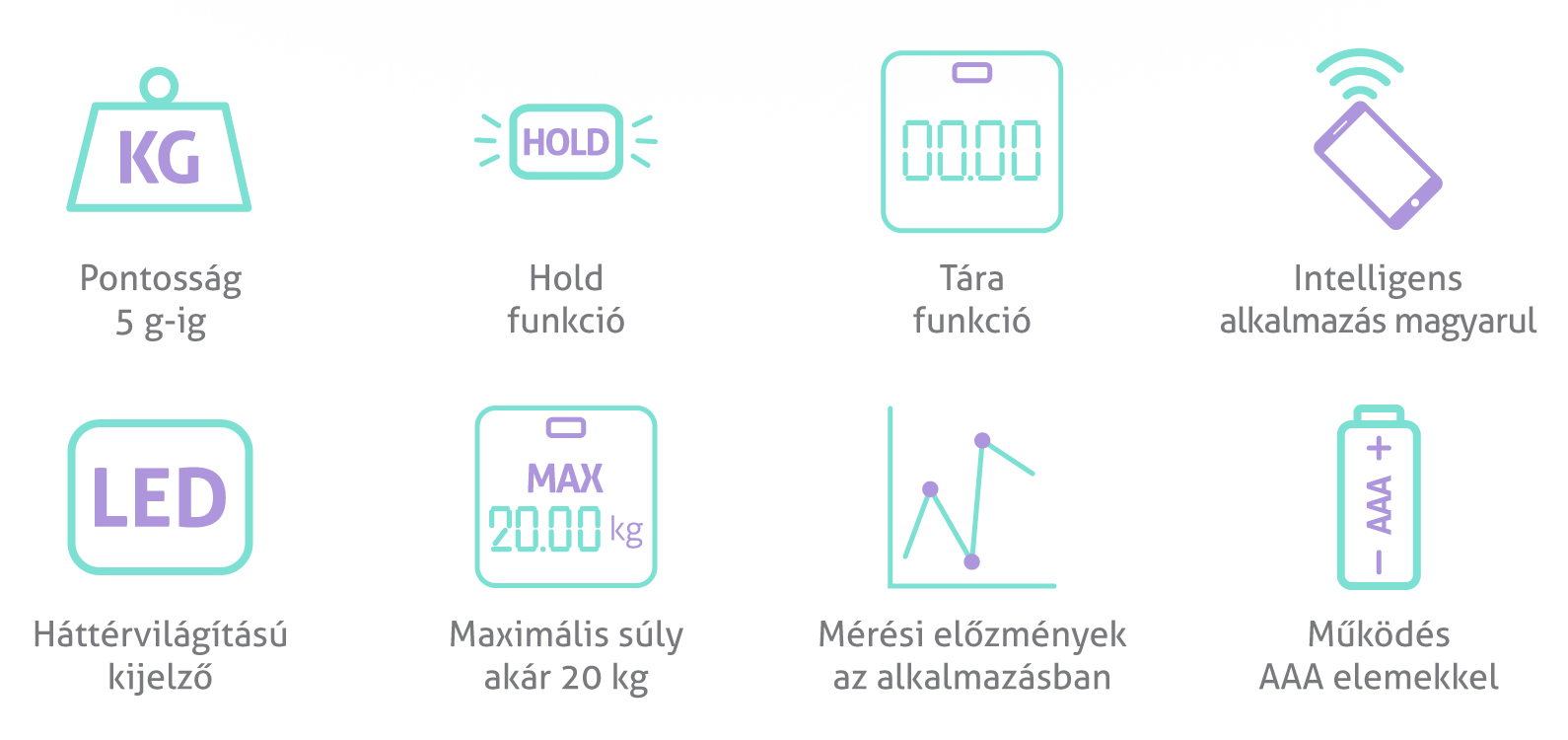 Ikonok, amelyek a súlyt, a tartás funkciót, a kijelzőt, a telefont, a LED-et, a maximális súlyt, a diagramot és az akkumulátort mutatják.