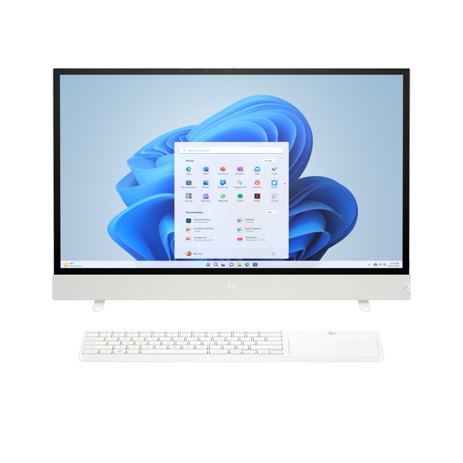 HP alles-in-één computer, wit met een groot scherm met de Windows 11-interface.