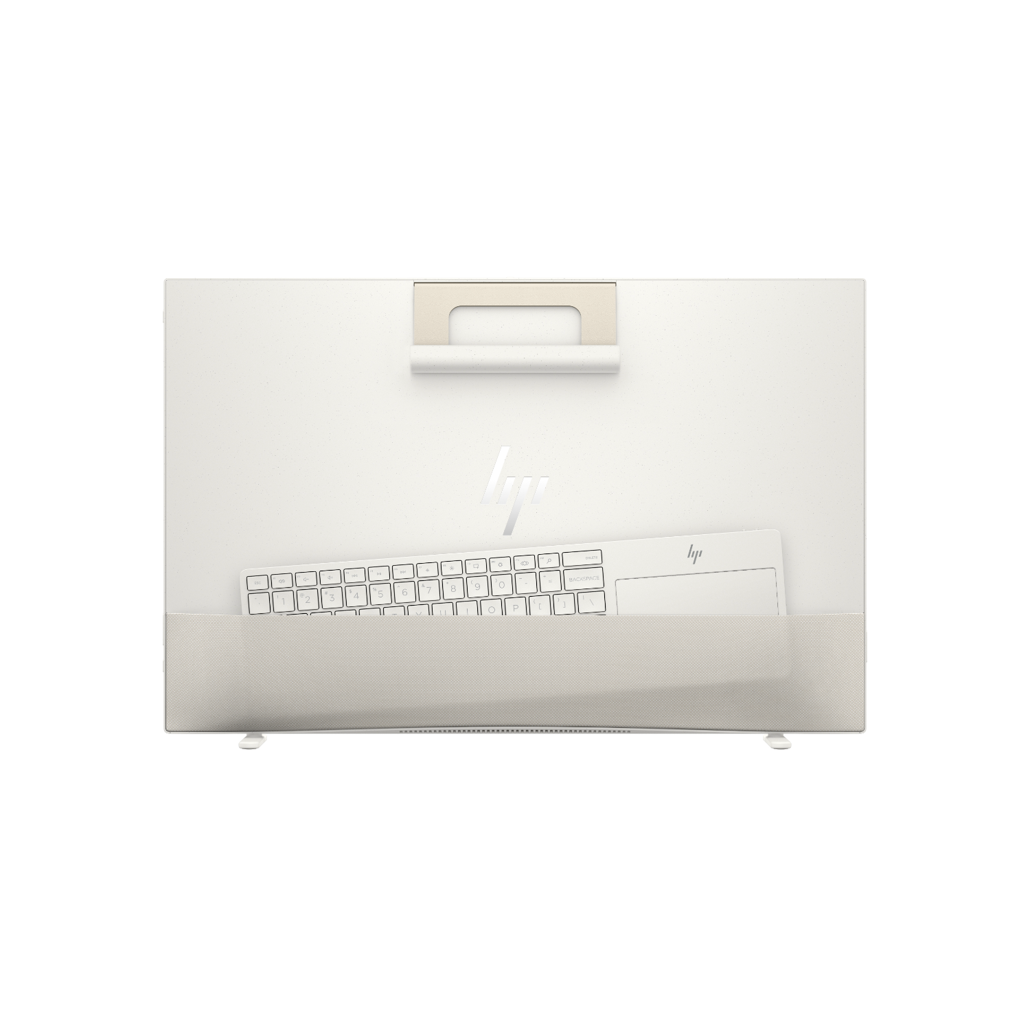 Een witte computer met een toetsenbord. Het scherm is leeg.