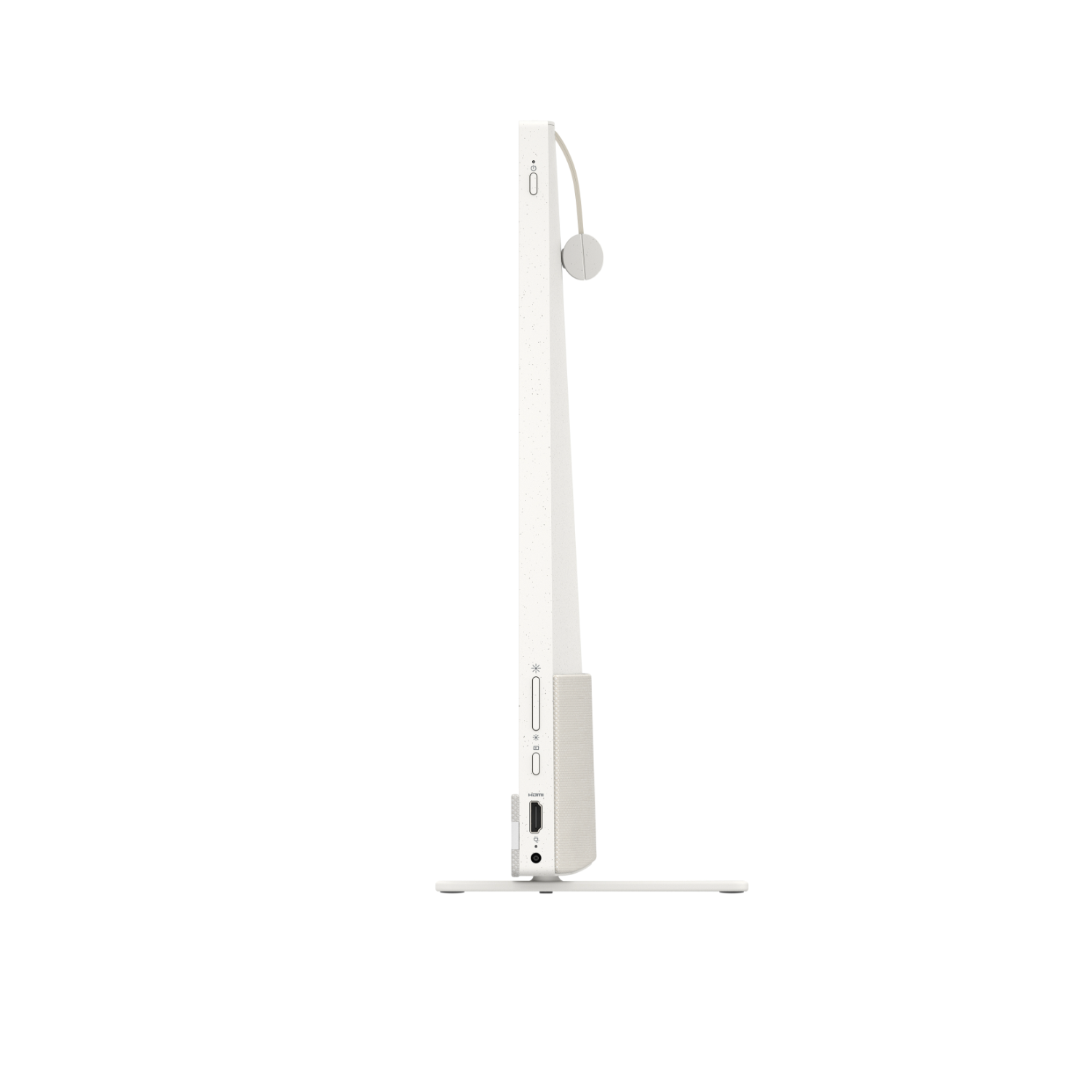 Een witte computermonitor, zijaanzicht, met een standaard en enkele poorten zichtbaar.