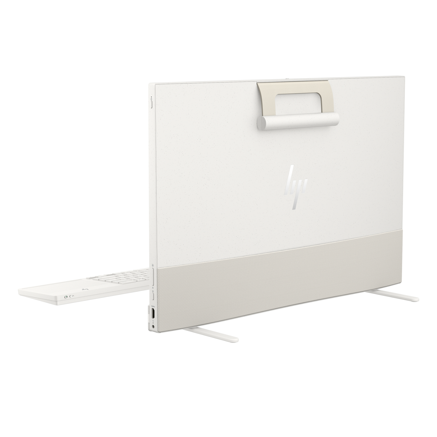 Witte HP computermonitor met toetsenbord en luidsprekers. Het heeft een handvat bovenop.