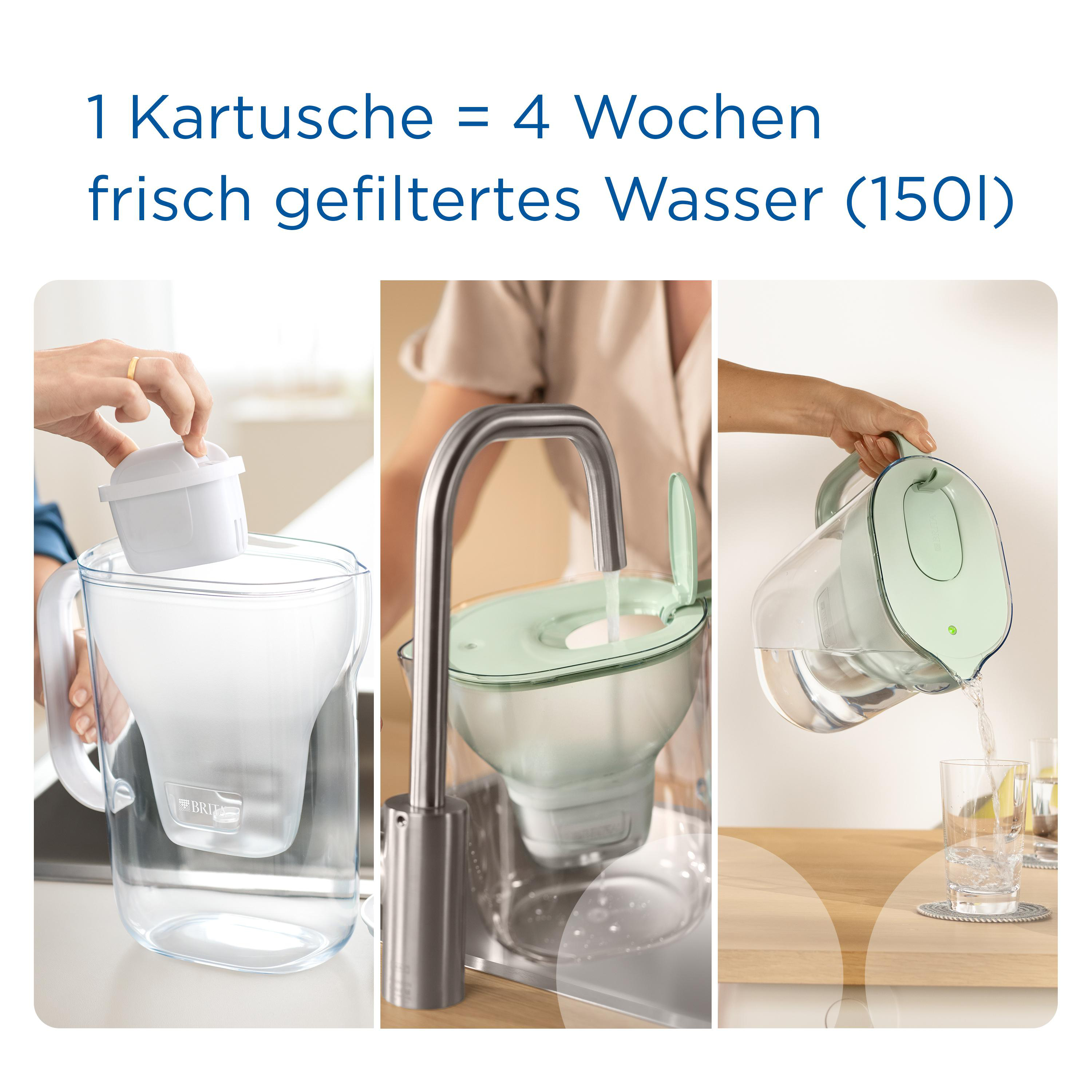 Drei Bilder zur Wasserfilterverwendung, Wasserreiniger und Wasser in ein Glas gießen.