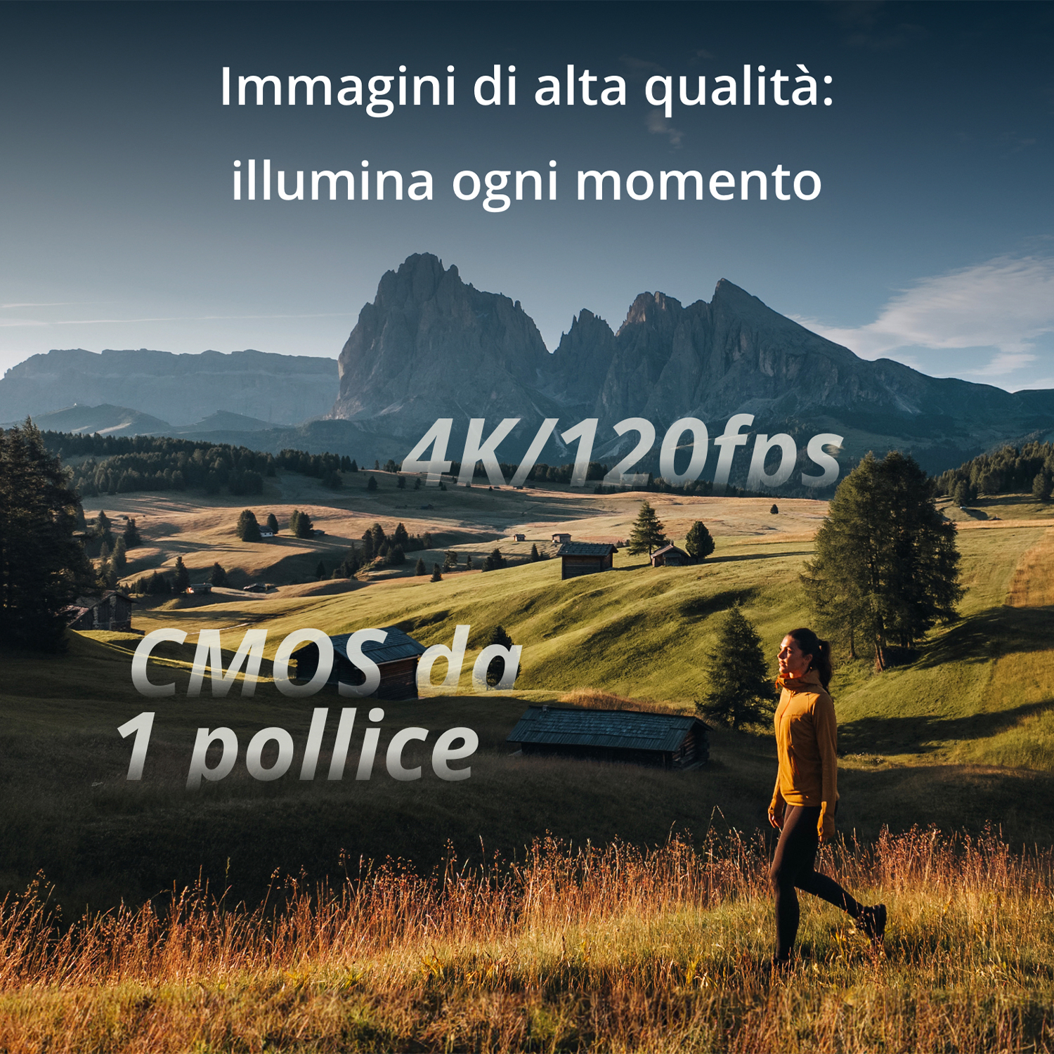 Una donna cammina in un campo verso le montagne, con testo su immagini di alta qualità, 4K/120fps e CMOS.