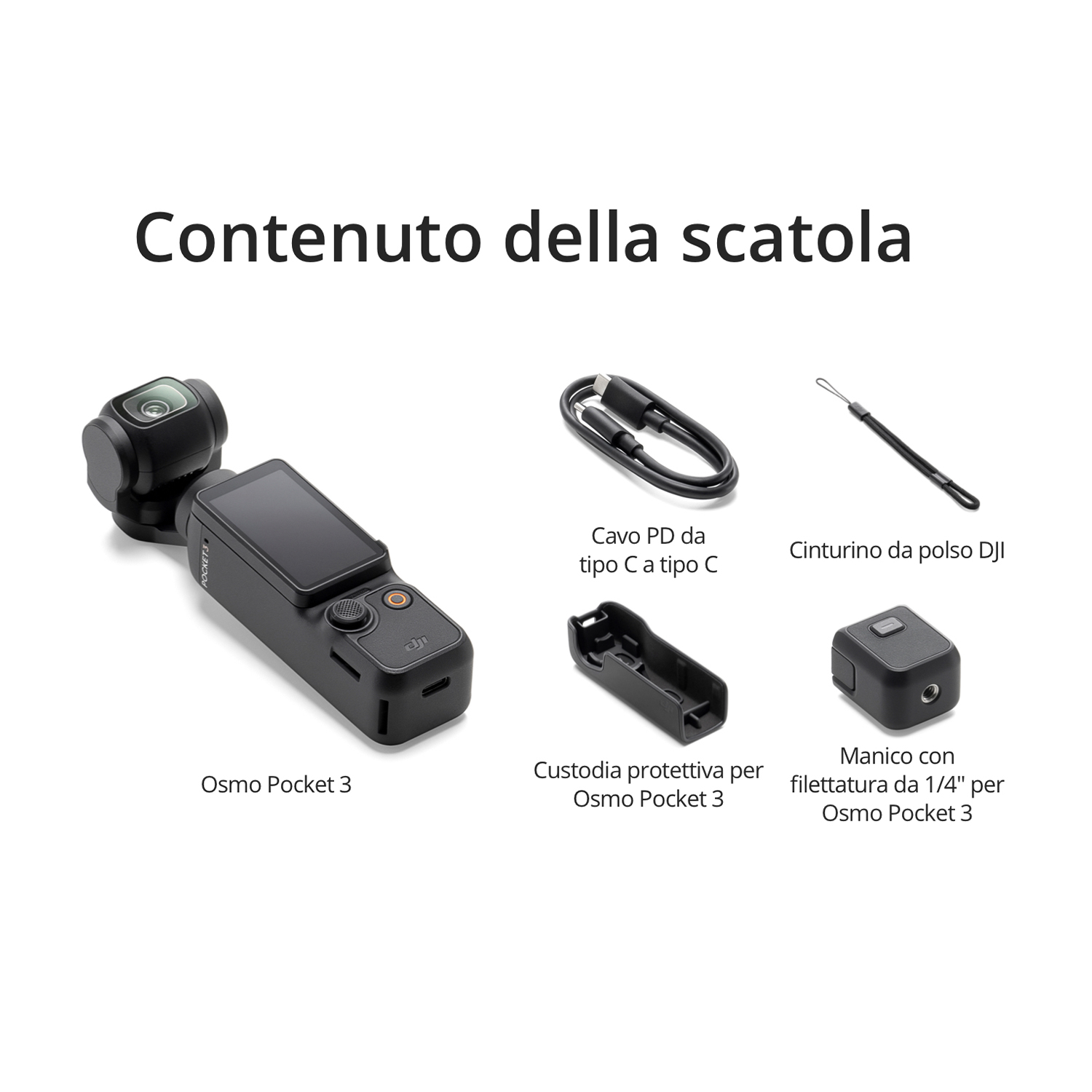Contenuto della scatola: Fotocamera, cavo, cinturino da polso, custodia protettiva e impugnatura filettata.