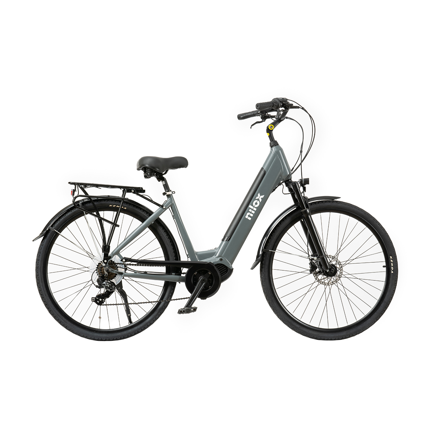 Bicicletta elettrica grigia, vista laterale, pneumatici neri, su sfondo bianco.
